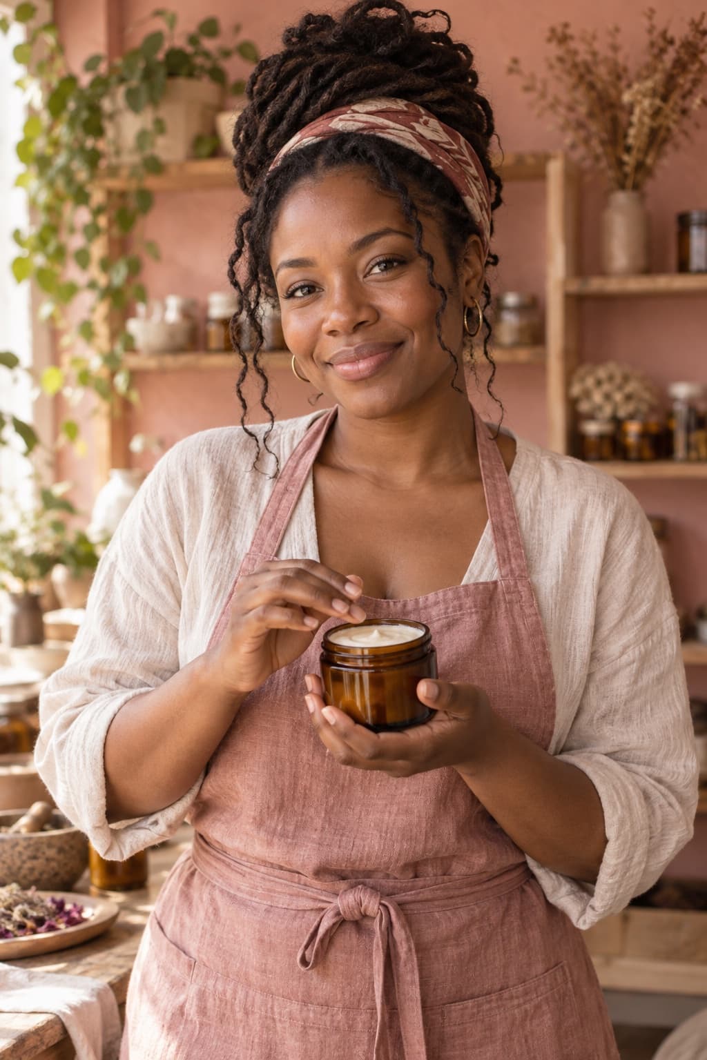 A skincare maker holding a jar of botanical body cream